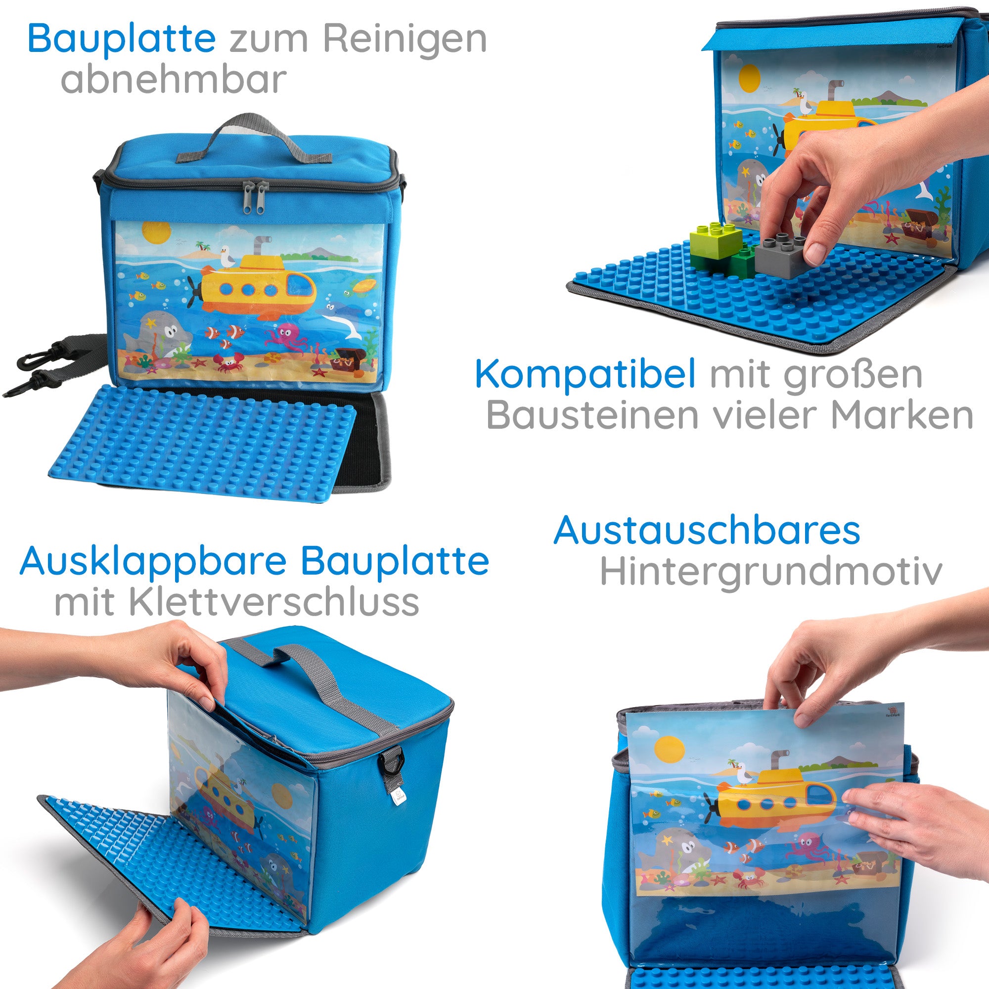 Baustein-Tasche mit ausklappbarer Bauplatte für große Steine