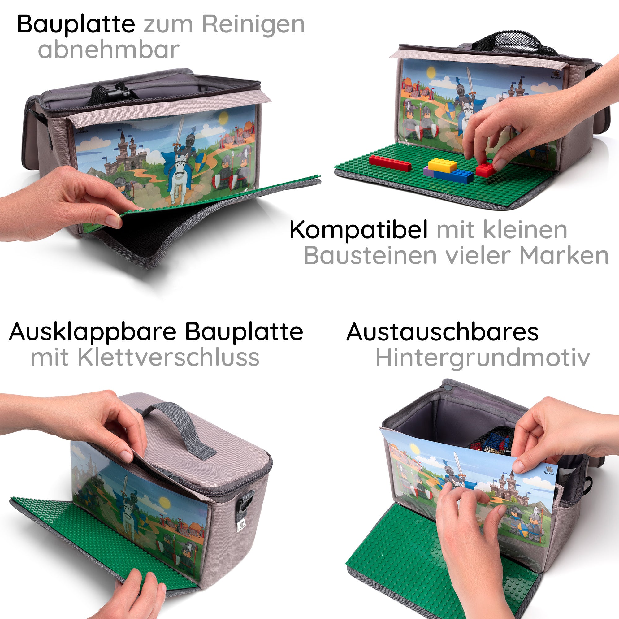 Baustein-Tasche mit ausklappbarer Bauplatte für kleine Steine