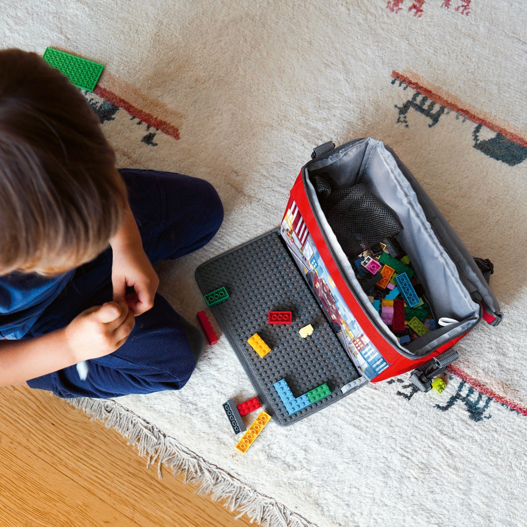 Baustein-Tasche mit ausklappbarer Bauplatte für kleine Steine