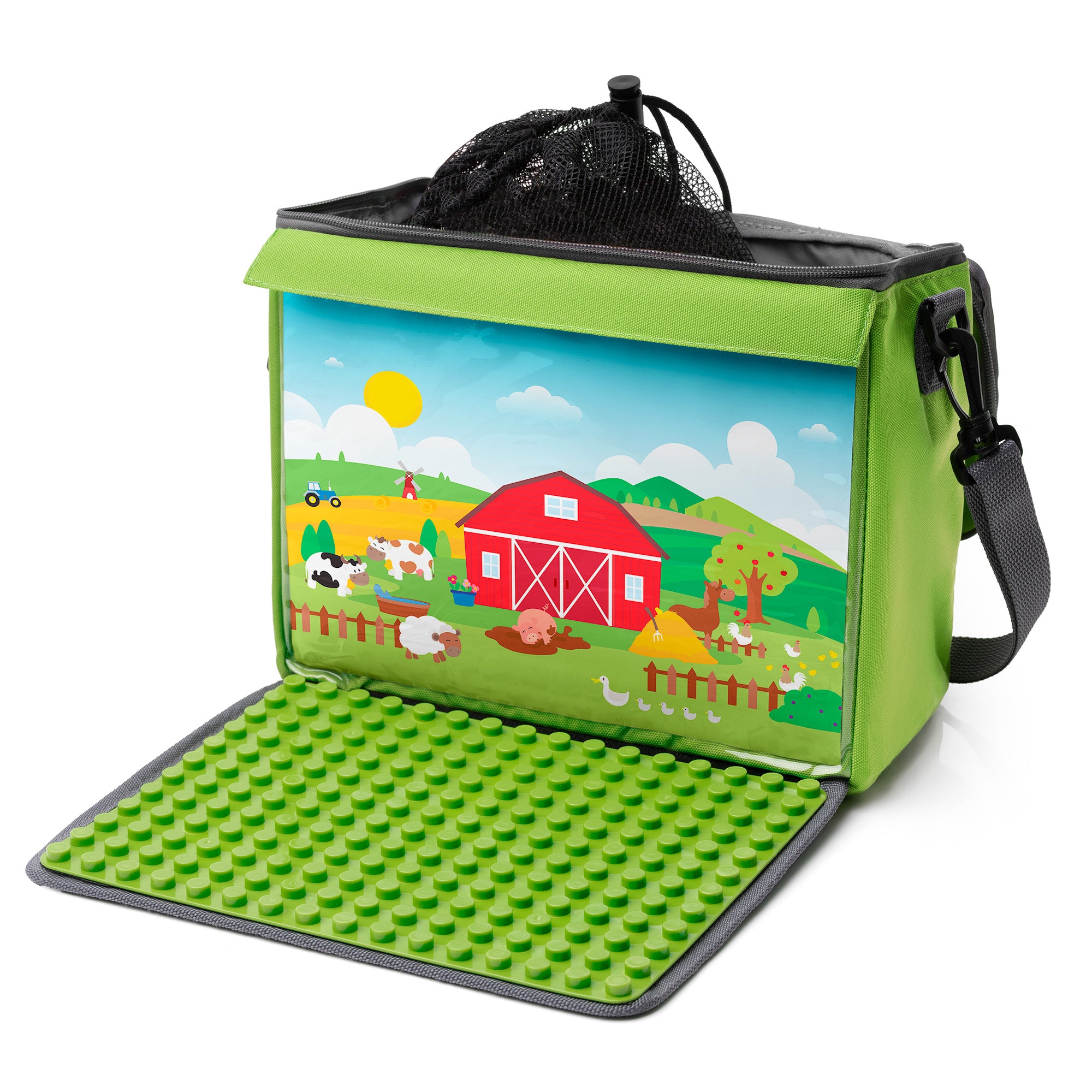 Baustein-Tasche mit ausklappbarer Bauplatte für große Steine