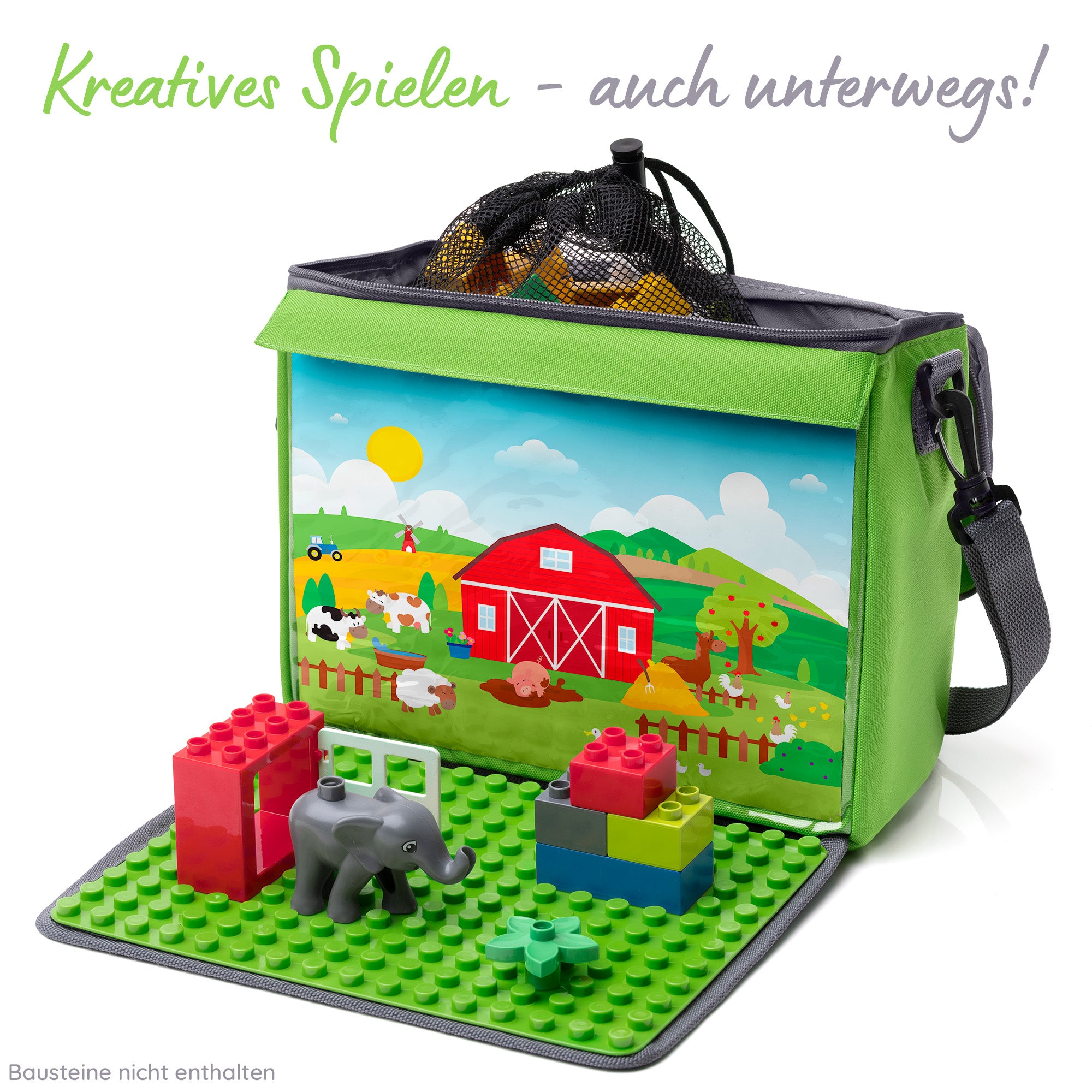 Baustein-Tasche mit ausklappbarer Bauplatte für große Steine