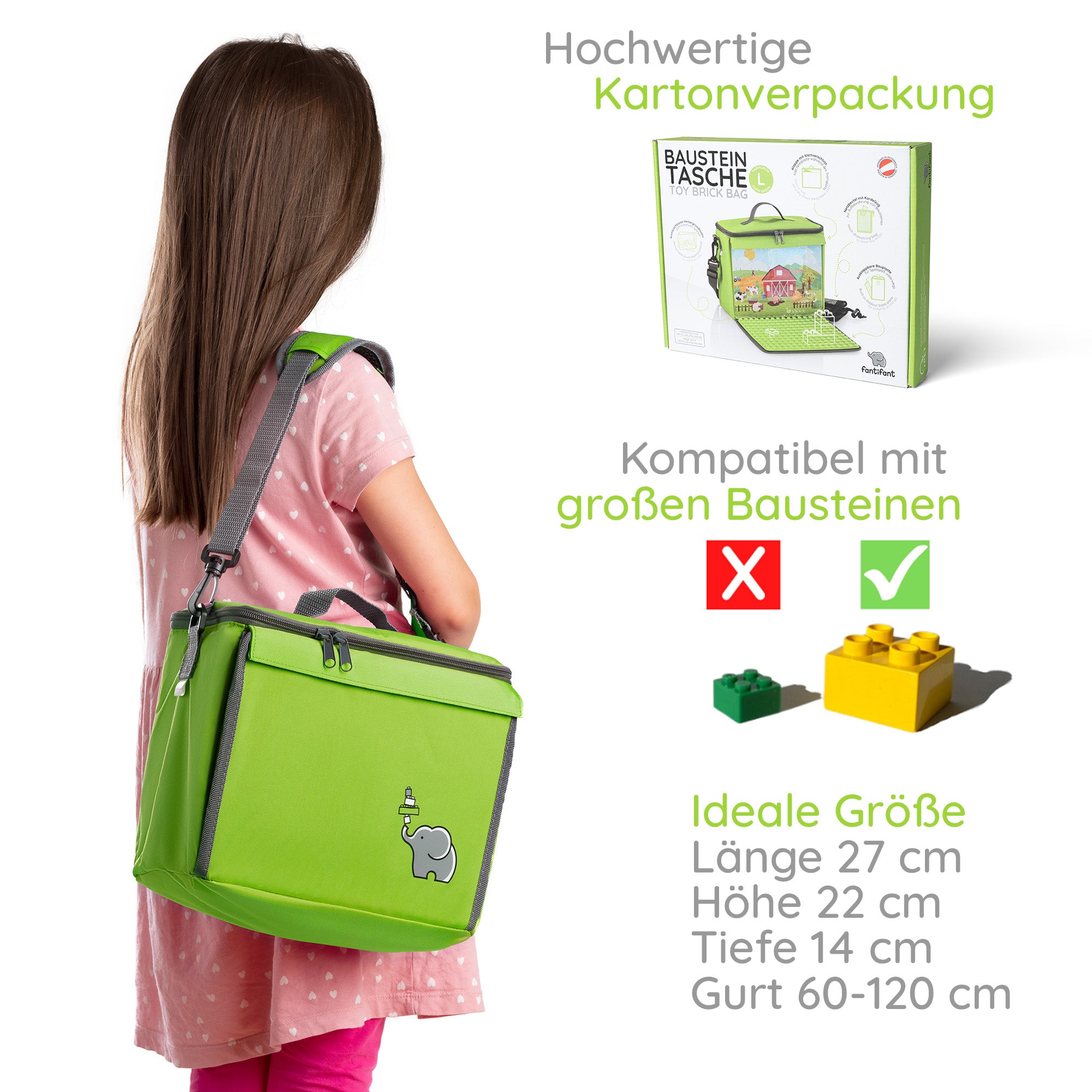 Baustein-Tasche mit ausklappbarer Bauplatte für große Steine