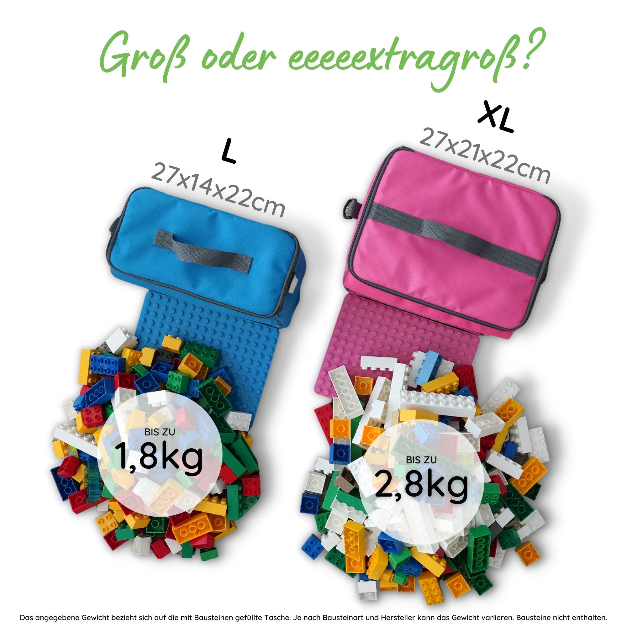 Baustein-Tasche mit ausklappbarer Bauplatte für große Steine