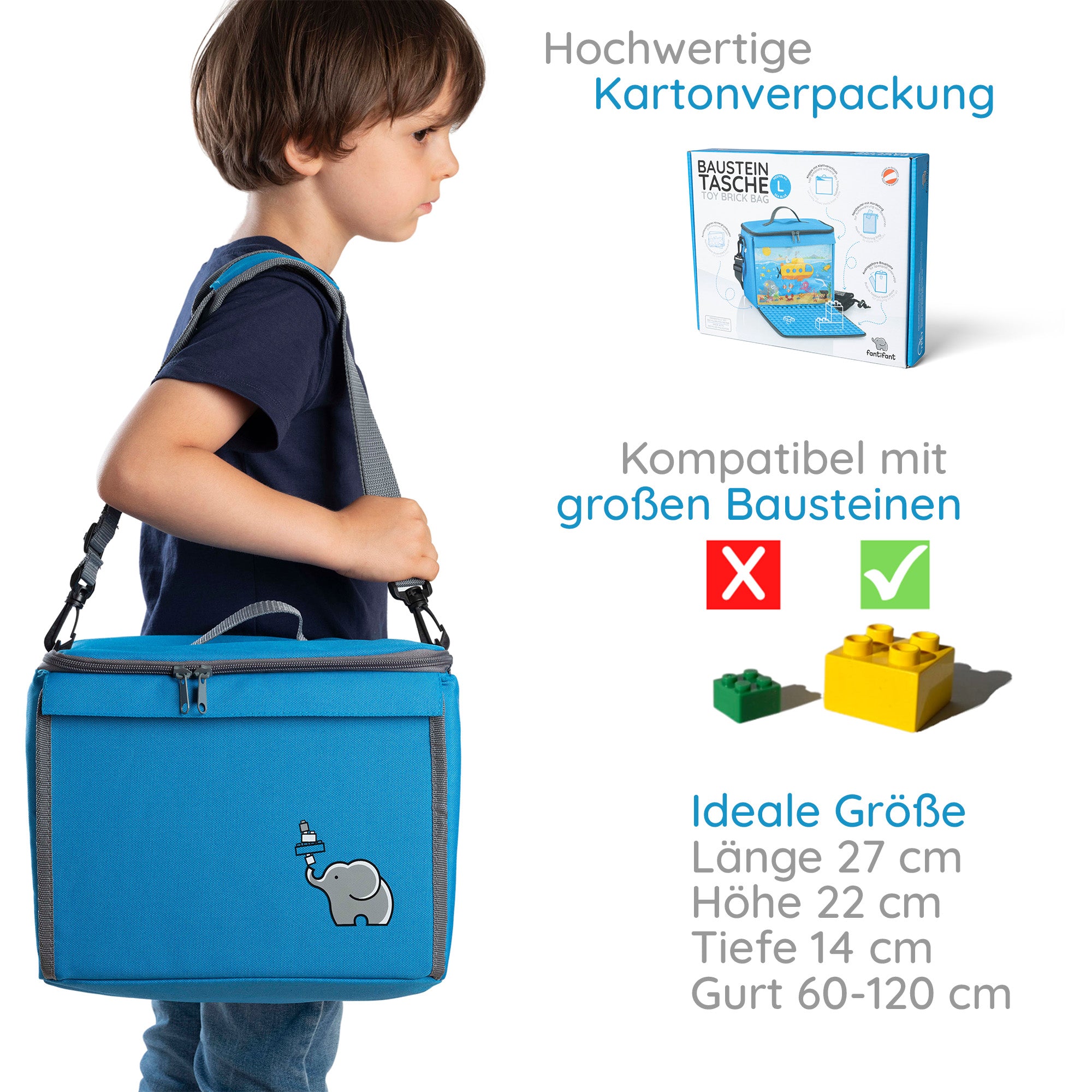 Baustein-Tasche mit ausklappbarer Bauplatte für große Steine