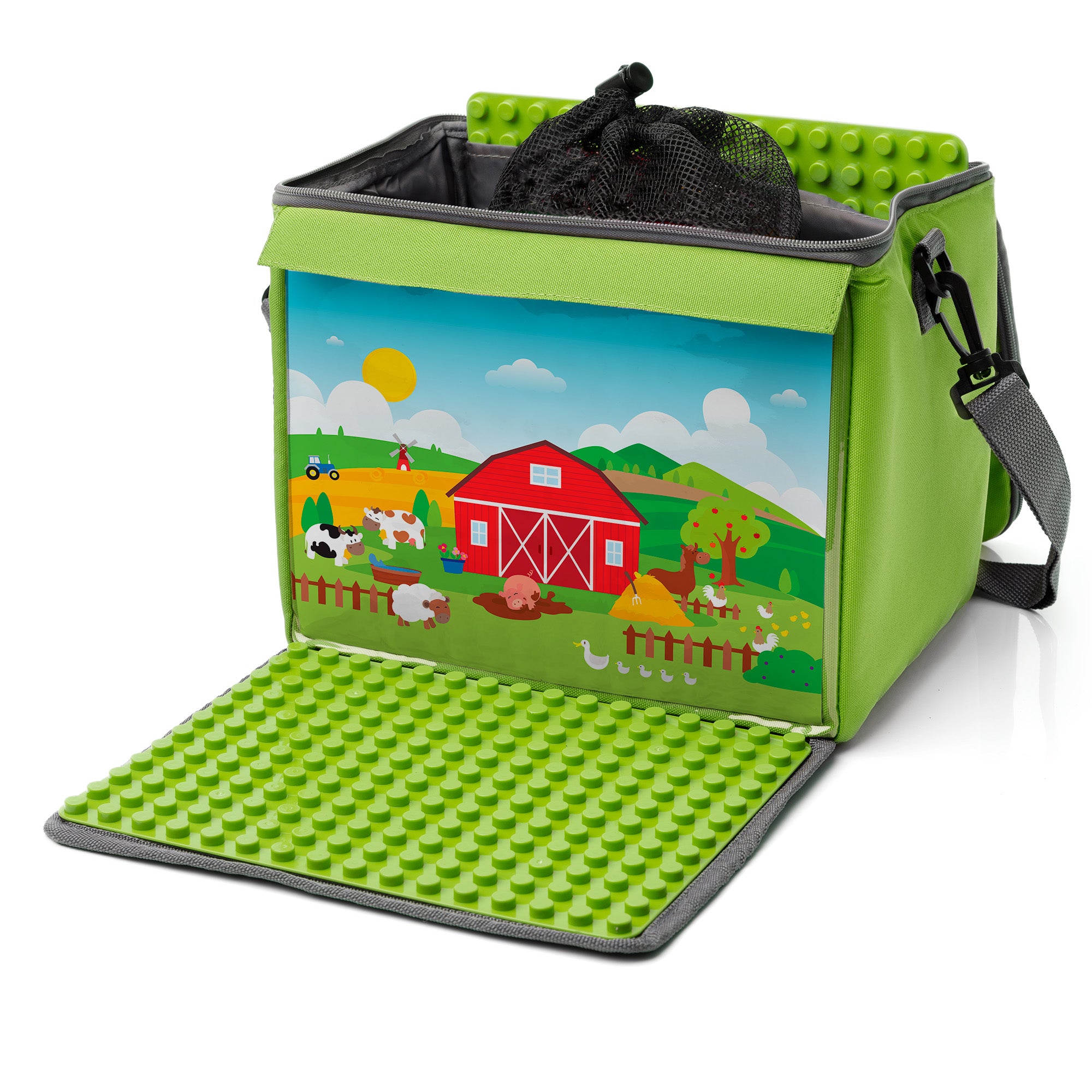 Baustein-Tasche mit ausklappbarer Bauplatte für große Steine
