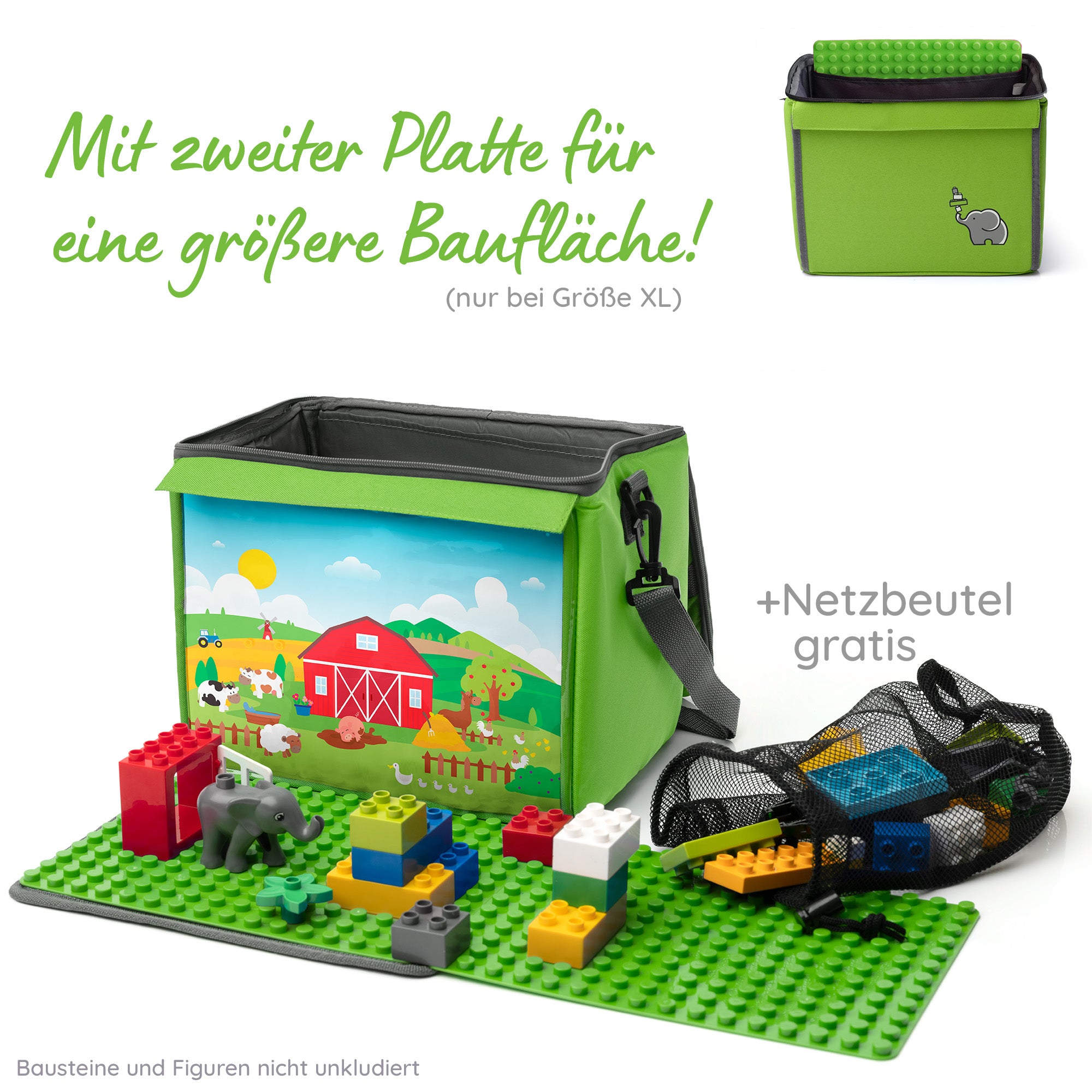 Baustein-Tasche mit ausklappbarer Bauplatte für große Steine