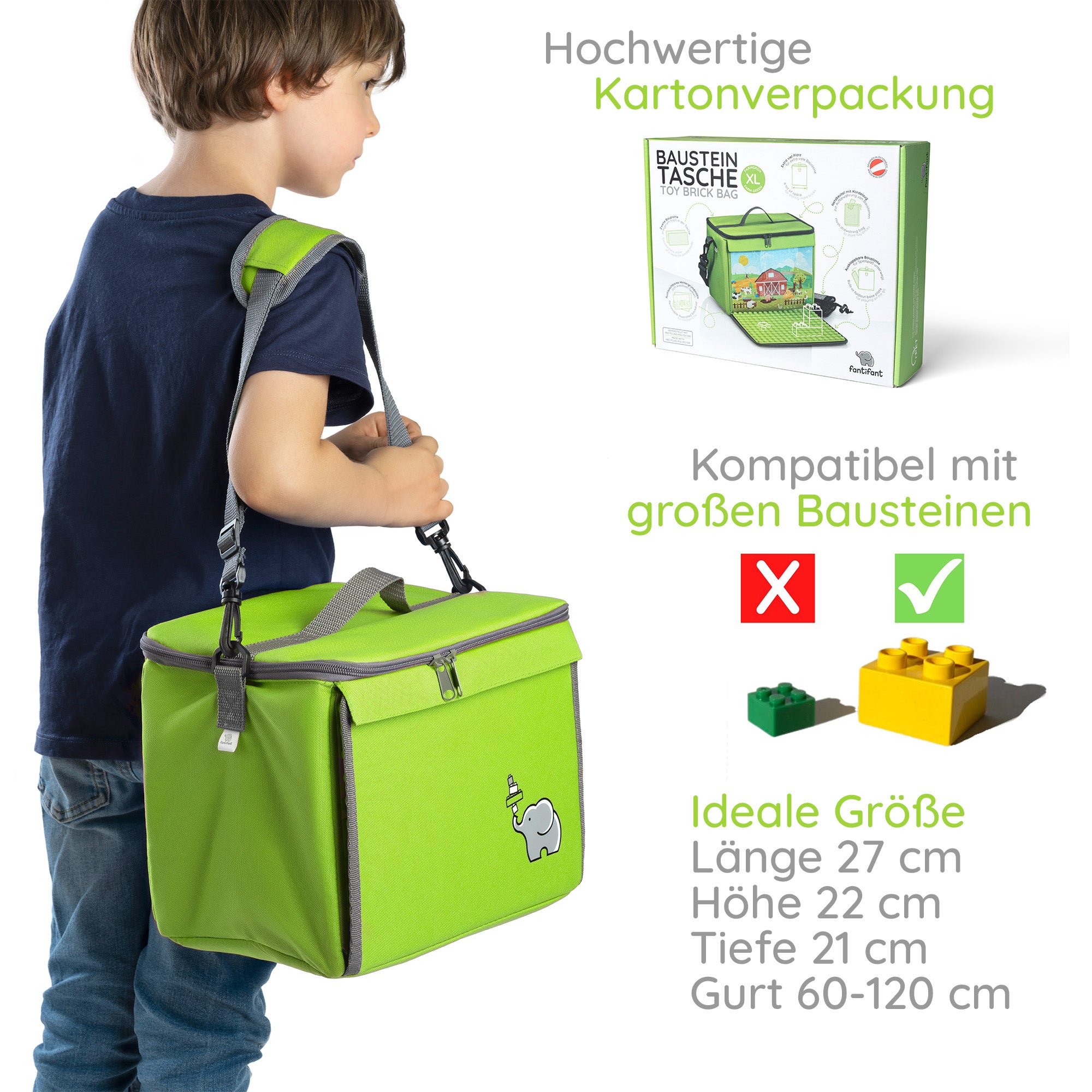 Baustein-Tasche mit ausklappbarer Bauplatte für große Steine