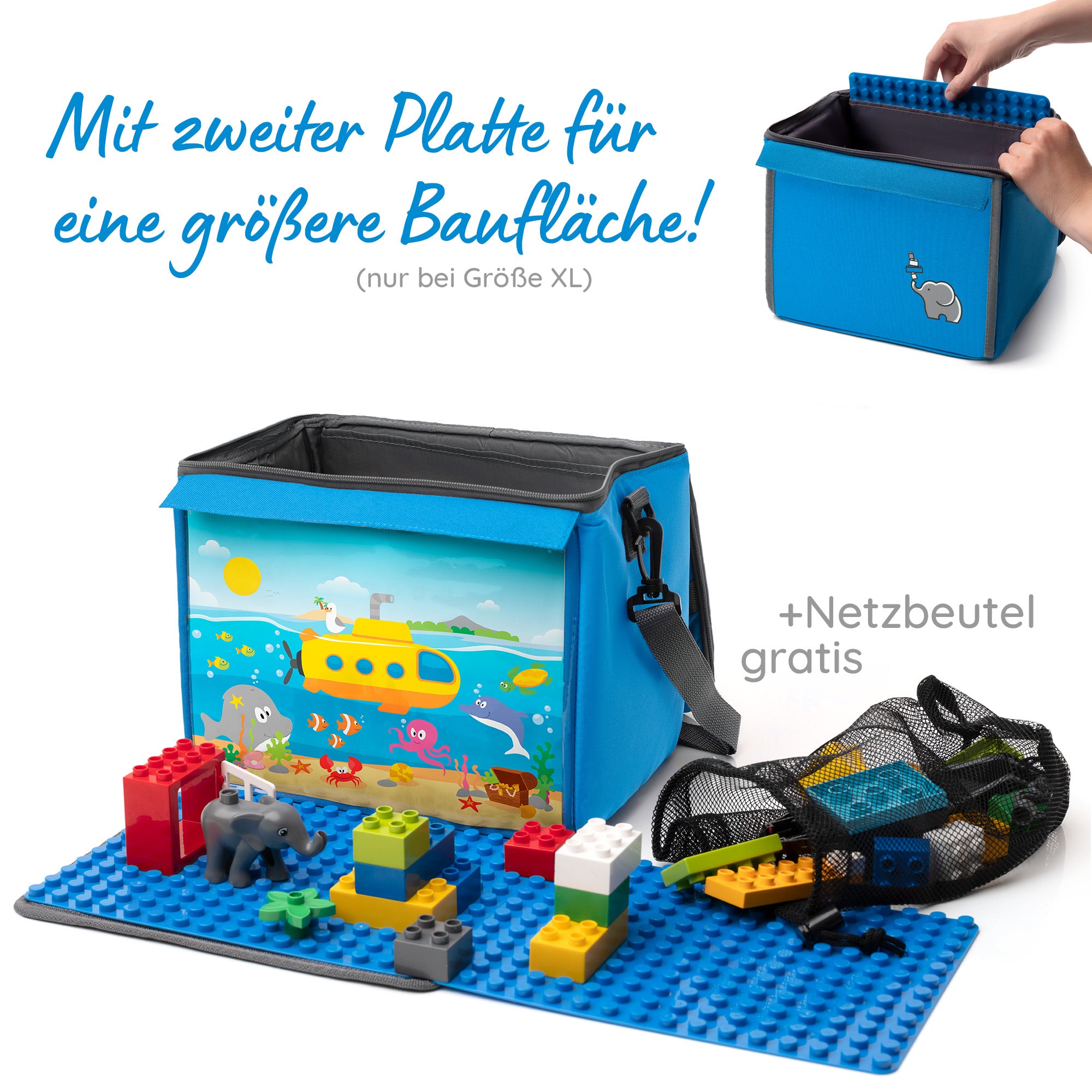 Baustein-Tasche mit ausklappbarer Bauplatte für große Steine