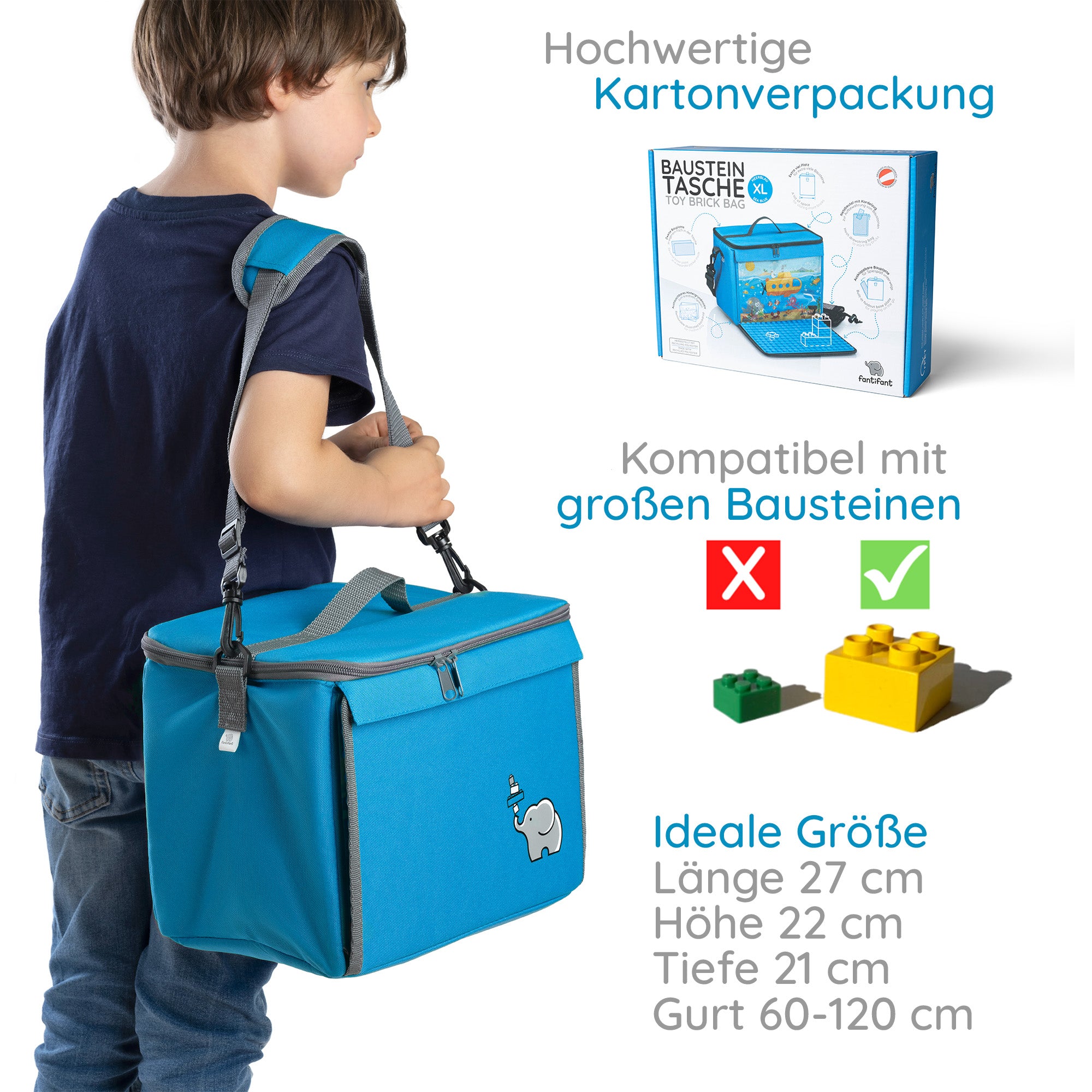 Baustein-Tasche mit ausklappbarer Bauplatte für große Steine