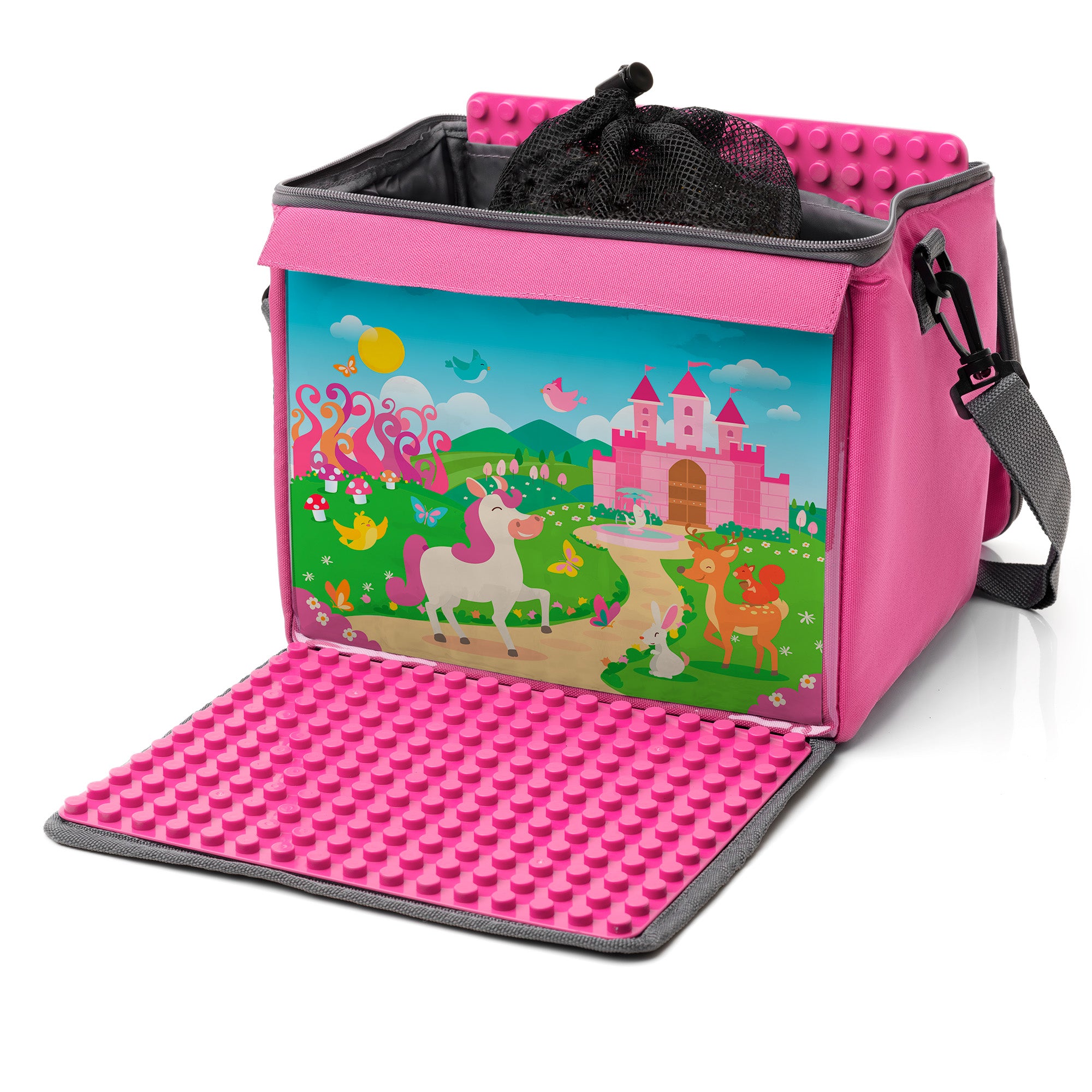 Baustein-Tasche mit ausklappbarer Bauplatte für große Steine