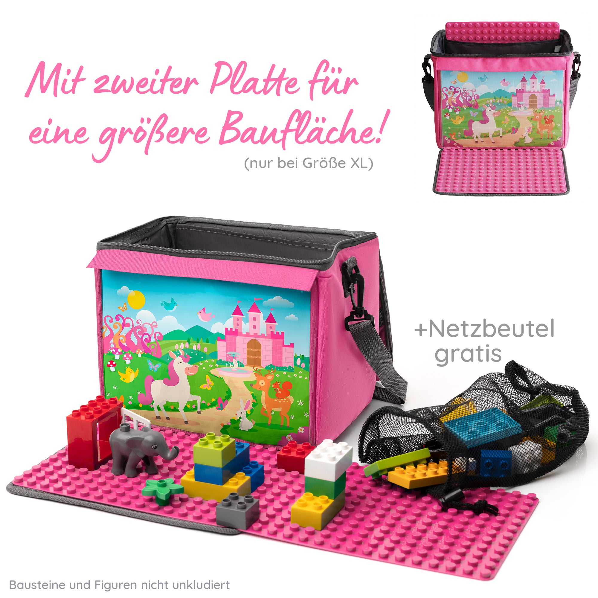Baustein-Tasche mit ausklappbarer Bauplatte für große Steine