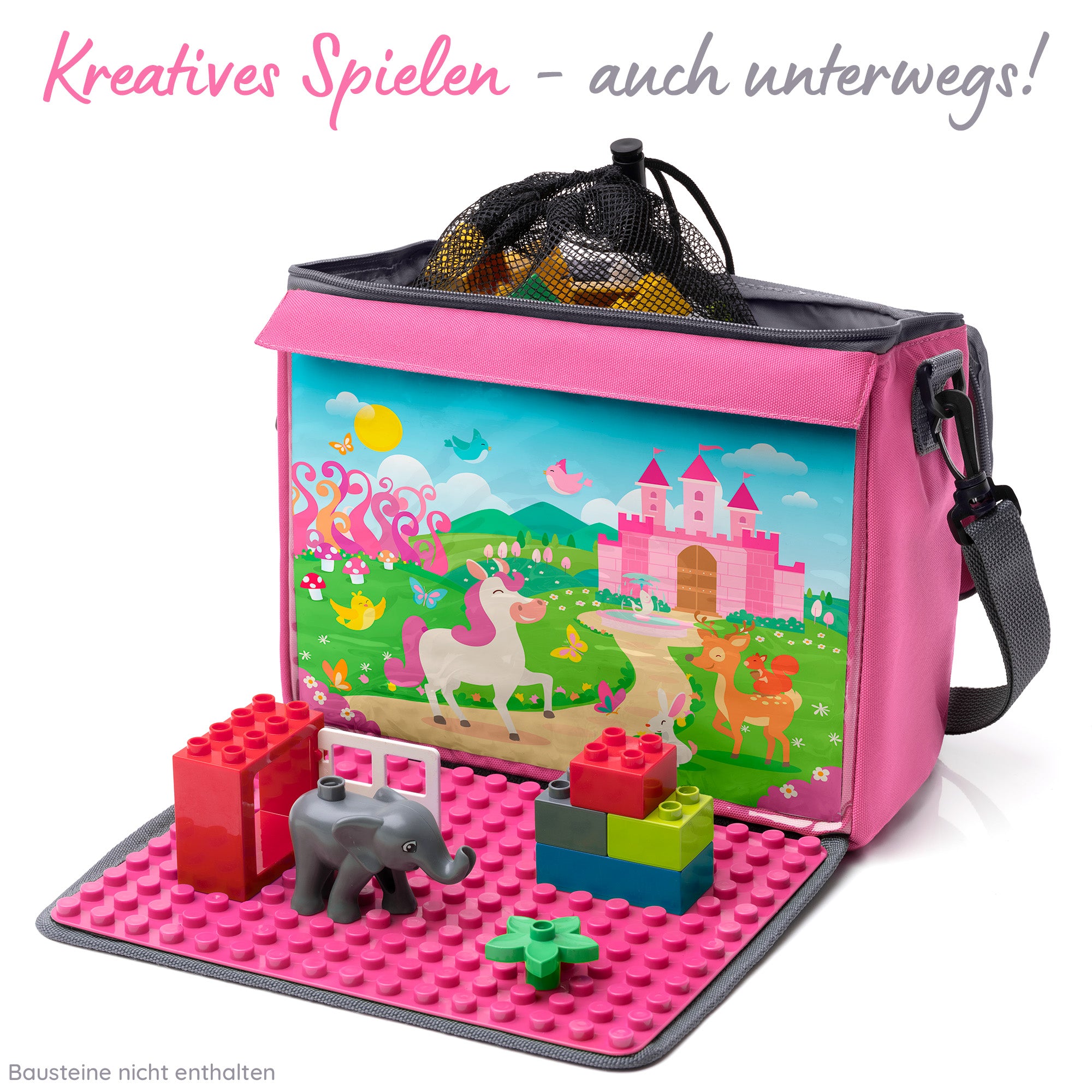 Baustein-Tasche mit ausklappbarer Bauplatte für große Steine