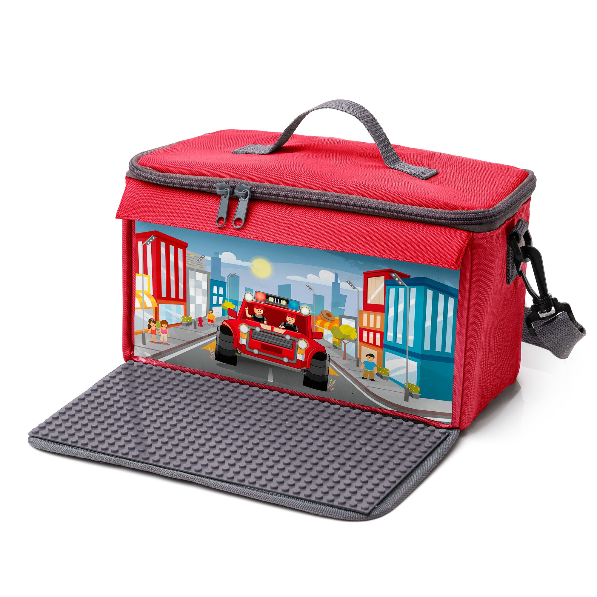 Baustein-Tasche mit ausklappbarer Bauplatte für kleine Steine