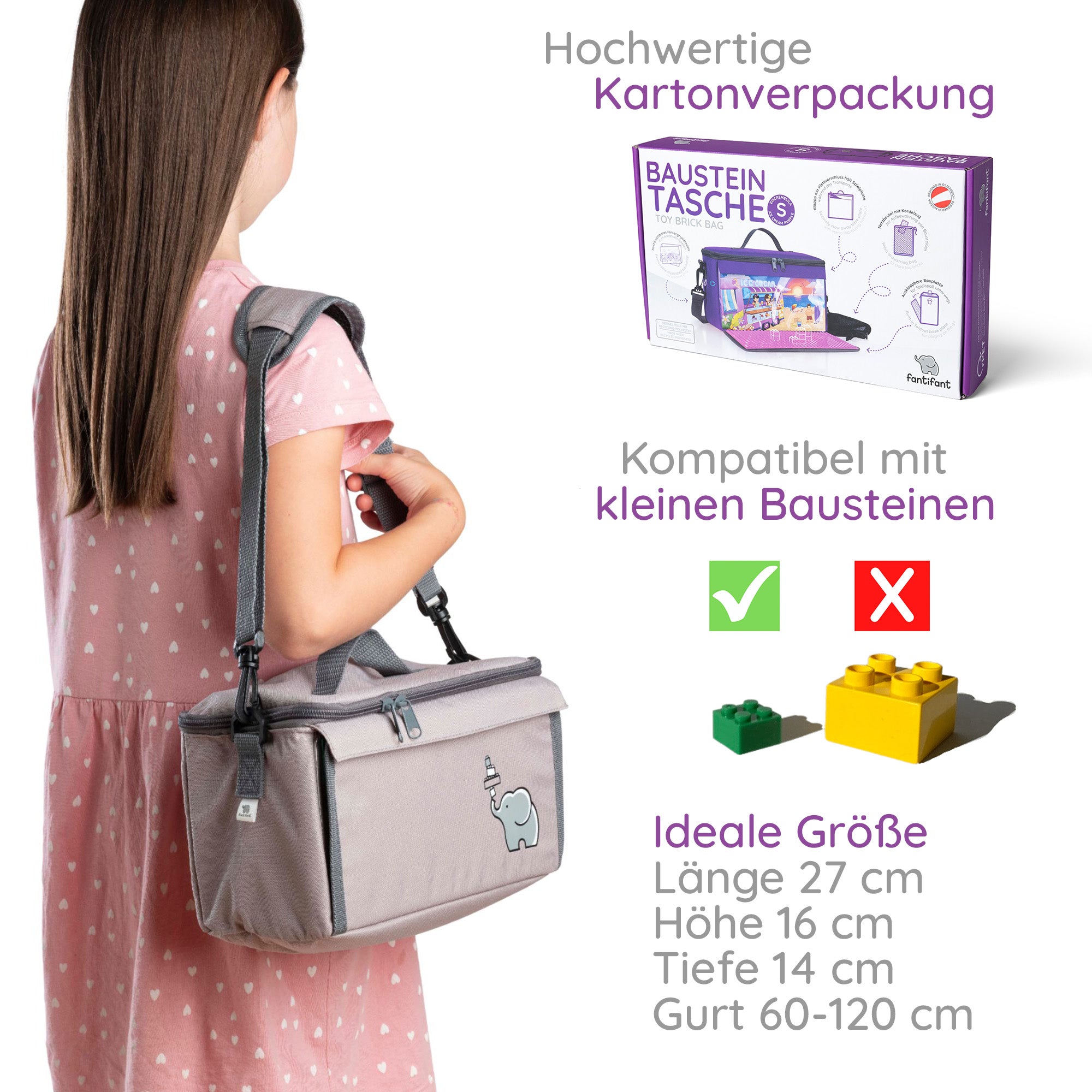 Baustein-Tasche mit ausklappbarer Bauplatte für kleine Steine