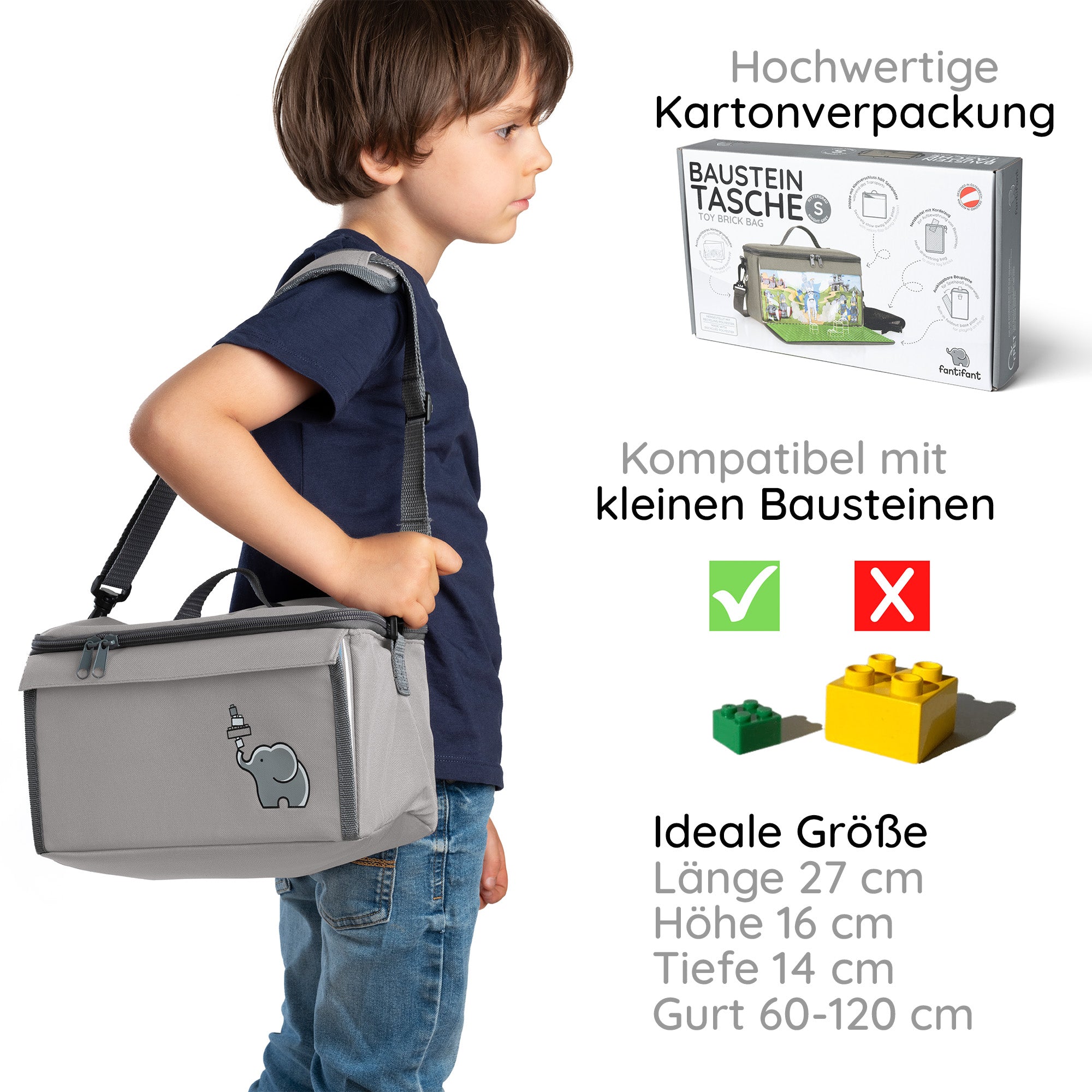 Baustein-Tasche mit ausklappbarer Bauplatte für kleine Steine