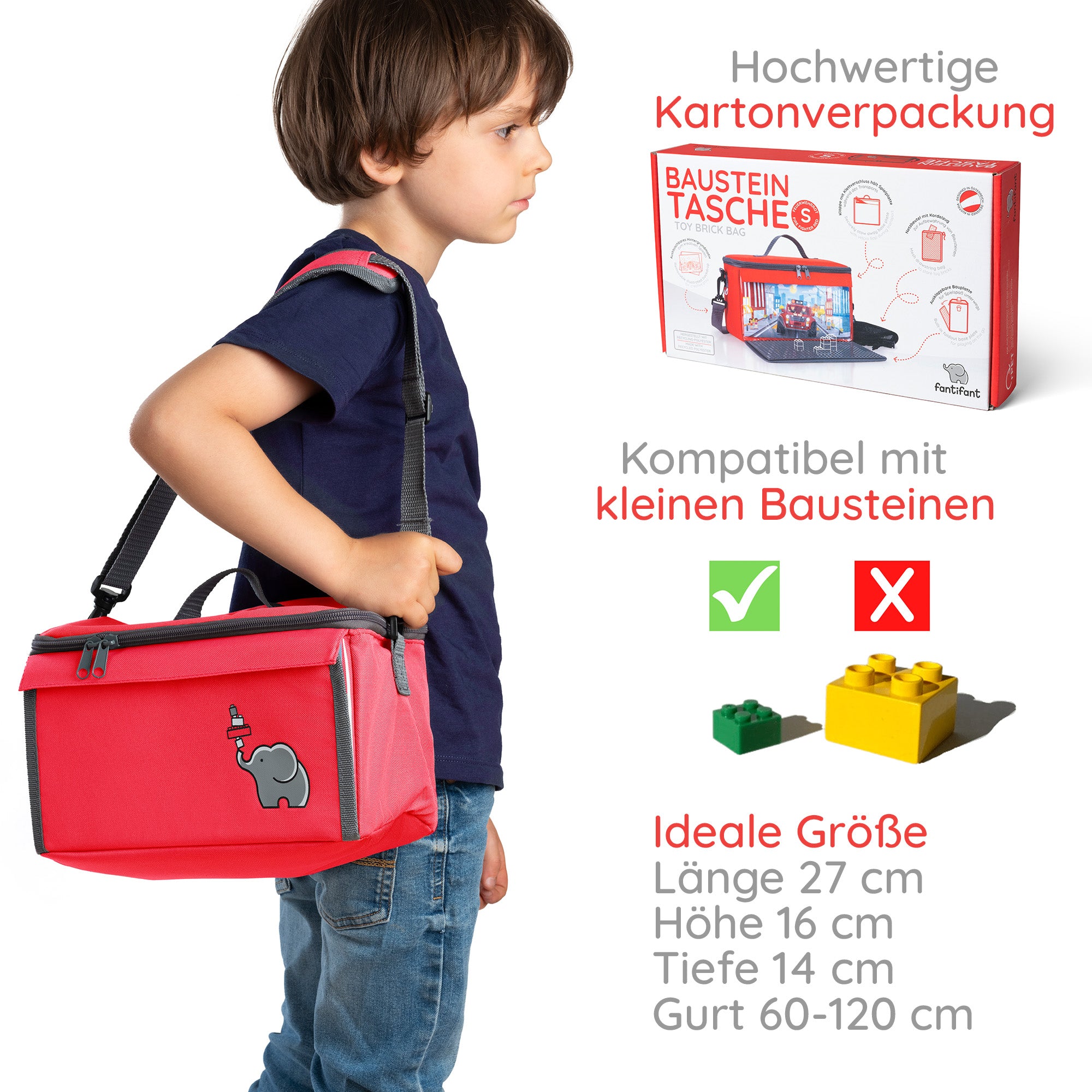 Baustein-Tasche mit ausklappbarer Bauplatte für kleine Steine